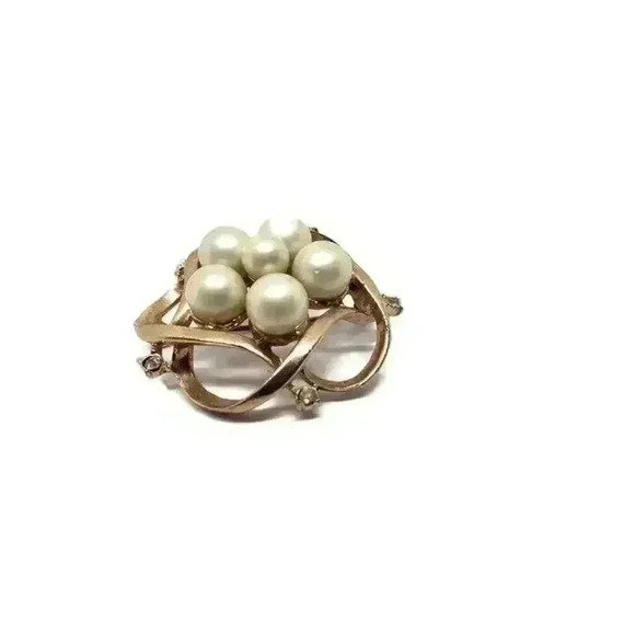 Vintage Brooch 14 Kt Gold Filled Faux Pearl Rhinestone Poss Unsigned Trifari - Picture 4 of 6